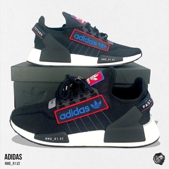 ADIDAS ORIGINALS NMD_R1.V2 SNEAKERS IN LOGO PATCH BLACK SCARLET BLUE MEN’S 8.5 - Picture 4 of 9
